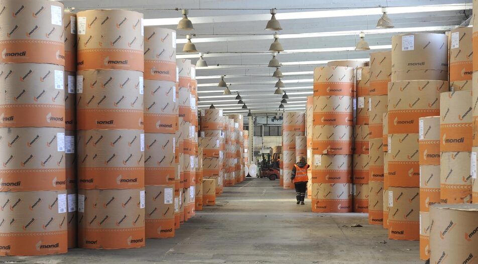 Bulk paper cargo stacked in a warehouse